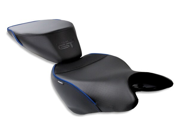 Suzuki GSX-S 1000GT 2-piece World Sport motorcycle seats with the GT logo with custom CFX and blue welt.